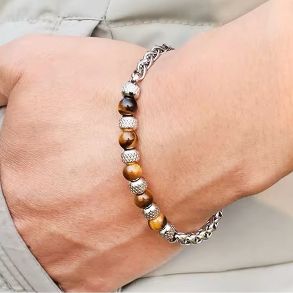 Stainless Steel Mens Tiger Eyes Bracelet 7”+1” extension - Picture 1 of 3